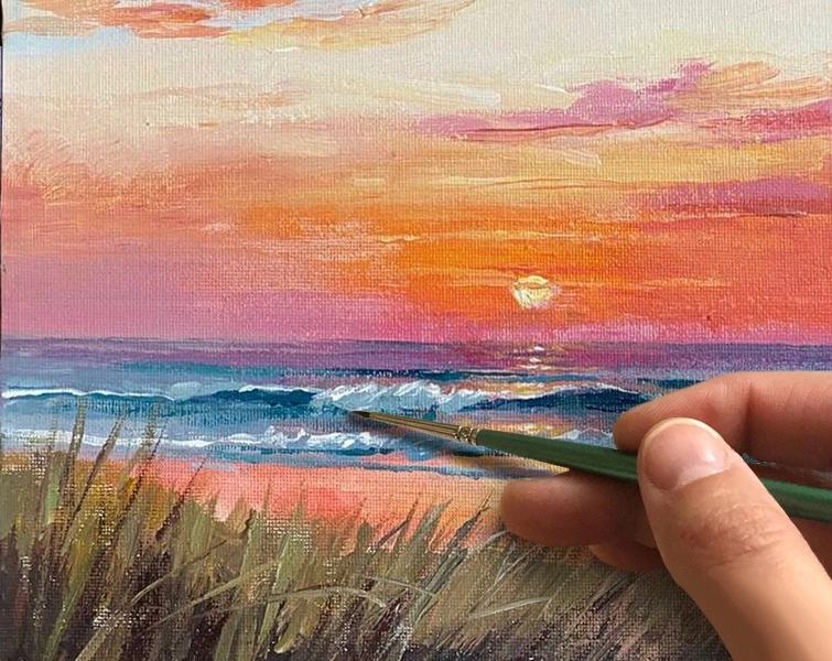 «Закат и волны. Северный пейзаж» Как нарисовать🎨АКРИЛ! Мастер-класс в реальном времени