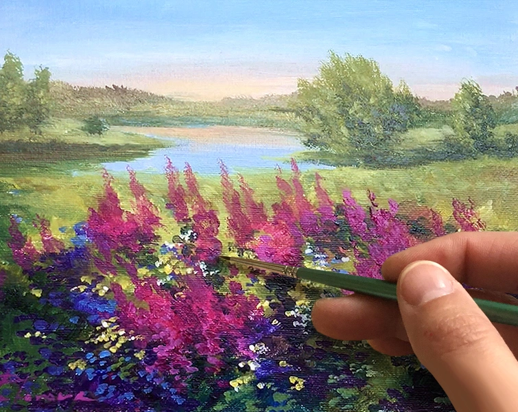 Иван-чай. Как нарисовать цветы. Пейзаж 🎨АКРИЛ! ‎Мастер-класс в реальном времени