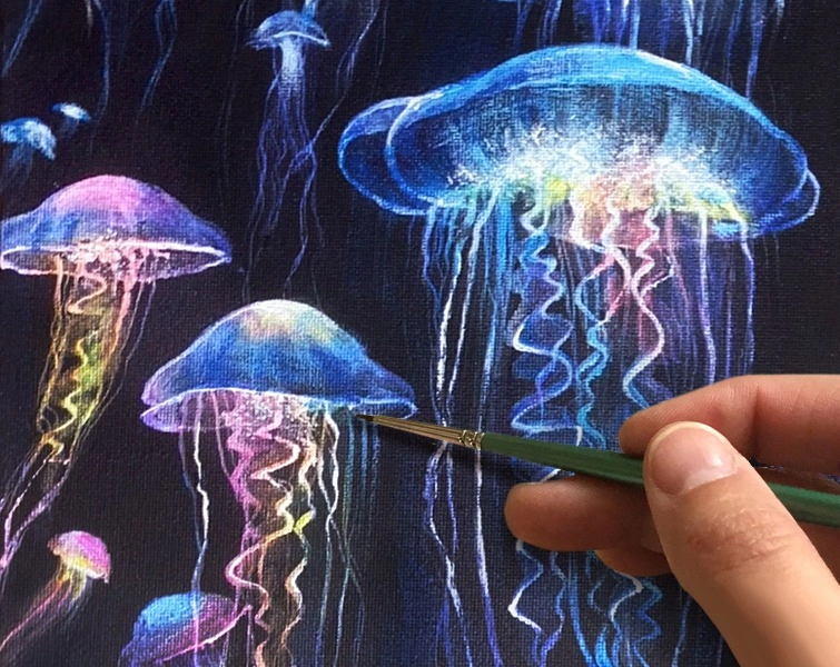 Медузы. На черном фоне. Как нарисовать🎨АКРИЛ! Мастер-класс в реальном времени