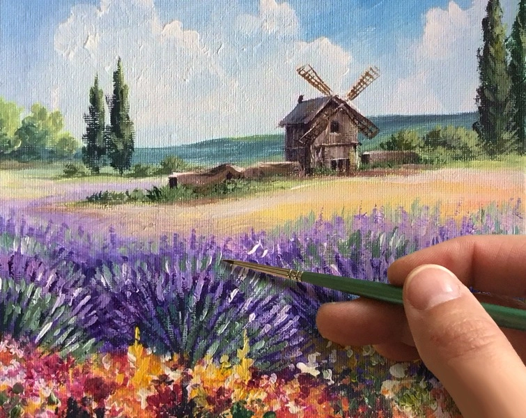 «Триптих. Лавандовые поля. Часть 2. Мельница» Как нарисовать🎨АКРИЛ! Мастер-класс в реальном времени