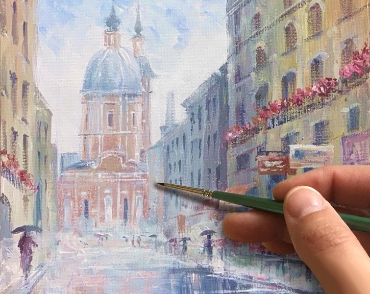 Церковь и улочка. Санкт-Петербург. Весна. Как нарисовать🎨АКРИЛ! Мастер-класс в реальном времени