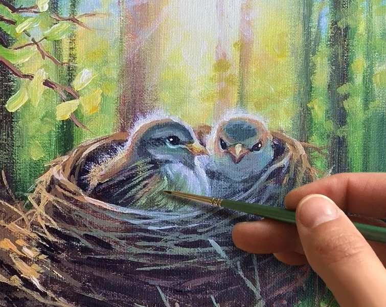 Птенцы в гнезде. Как нарисовать. 8 марта🎨АКРИЛ! Мастер-класс в реальном времени