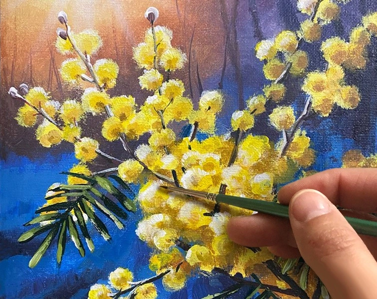 Мимоза. Как нарисовать цветы. 8 марта🎨АКРИЛ! Мастер-класс в реальном времени