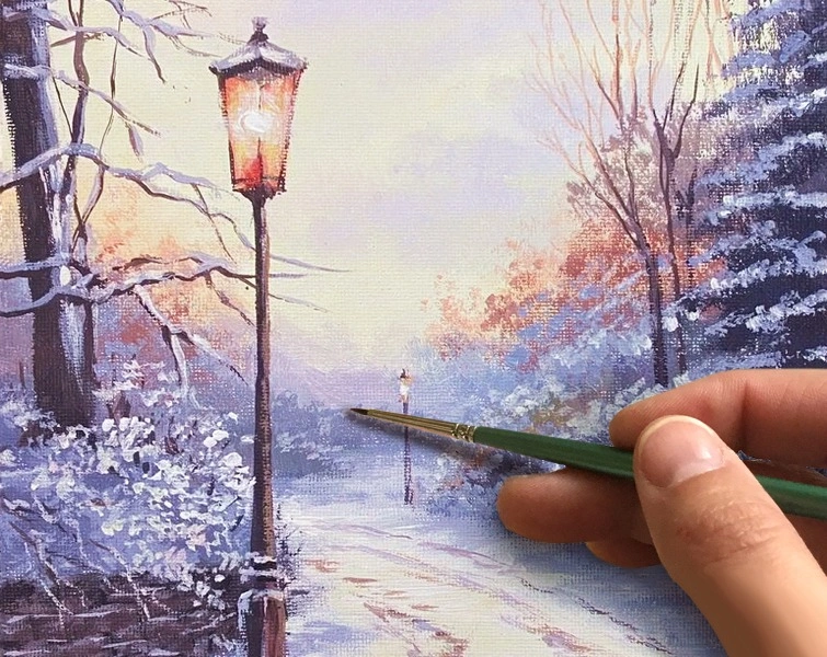 Зима. Фонарь в парке. Как нарисовать пейзаж🎨АКРИЛ! Мастер-класс в реальном времени