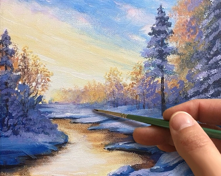 Зима. Река на закате. Как нарисовать пейзаж🎨АКРИЛ! Мастер-класс в реальном времени