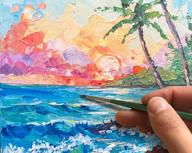 «Закат и волны. Южный пейзаж» Как нарисовать🎨АКРИЛ! Мастер-класс в реальном времени