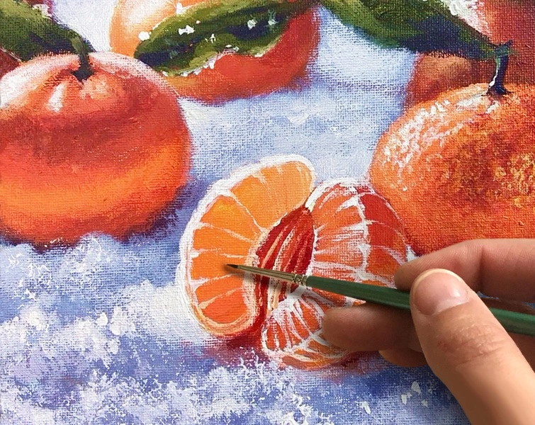 Мандарины на снегу. Как нарисовать фрукты🎨АКРИЛ! Мастер-класс в реальном времени