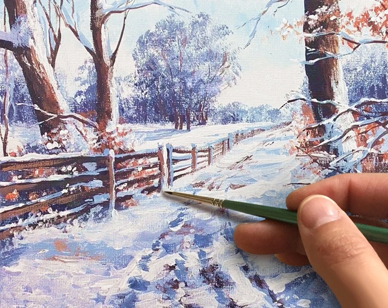 Зима. Дорога в парке. Как нарисовать пейзаж🎨АКРИЛ! Мастер-класс в реальном времени