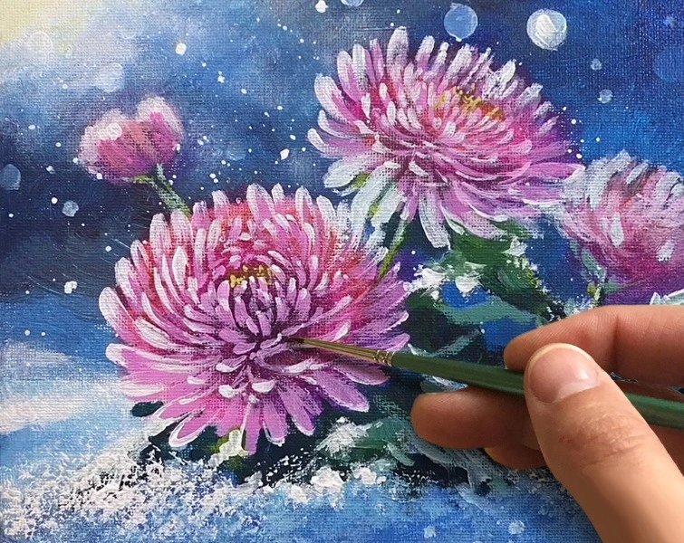 Зима. Хризантемы в снегу. Как нарисовать цветы🎨АКРИЛ! Мастер-класс в реальном времени