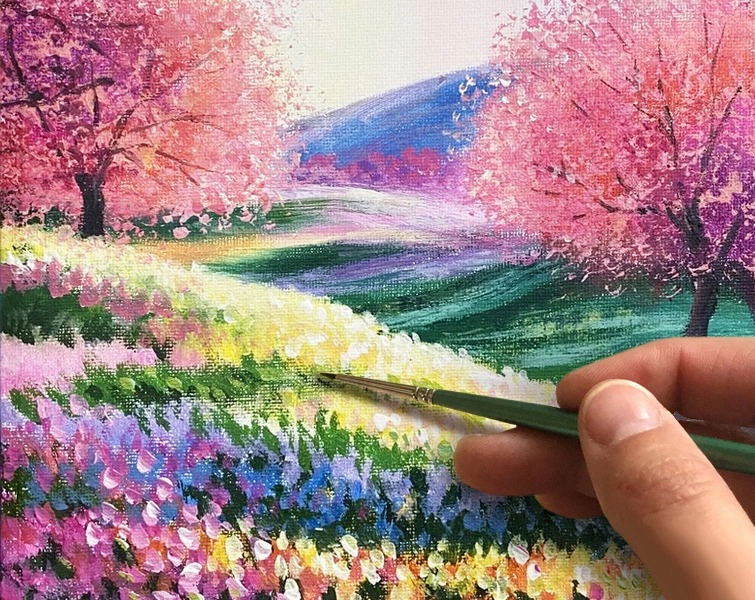 Цветущие поля и сакура. Как нарисовать пейзаж. 8 марта🎨АКРИЛ! Мастер-класс в реальном времени