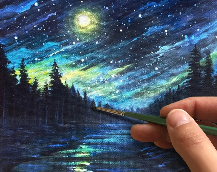 Ночной пейзаж. На черном фоне. Как нарисовать🎨АКРИЛ! Мастер-класс в реальном времени