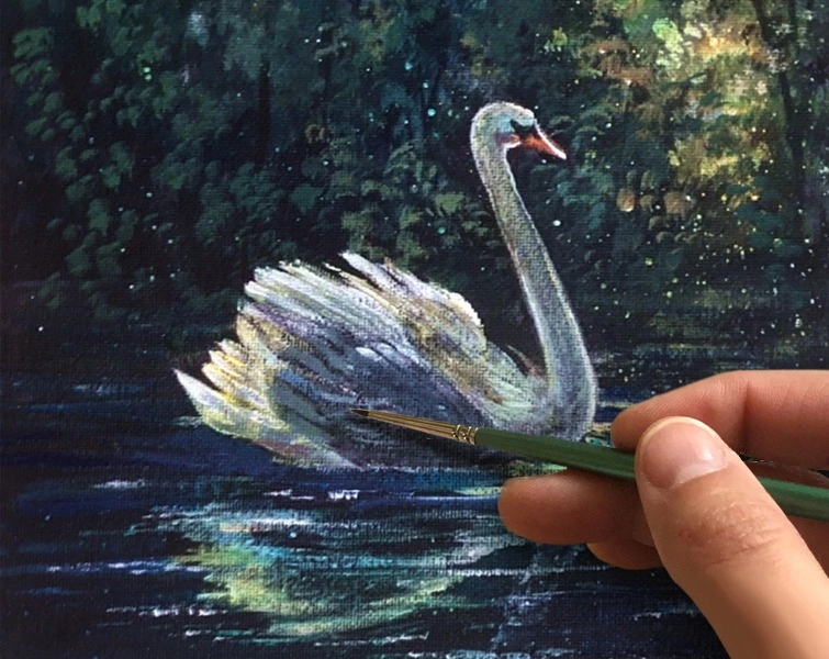 Белый лебедь. На черном фоне. Как нарисовать🎨АКРИЛ! Мастер-класс в реальном времени