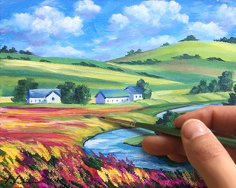 Цветущие поля. Пейзаж. Как нарисовать 🎨АКРИЛ! ‎Мастер-класс в реальном времени