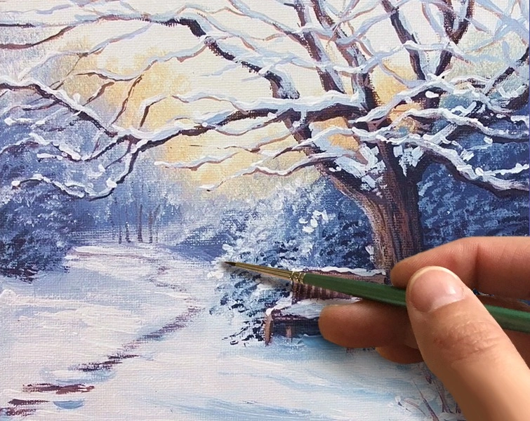 Зима. Скамейка в парке. Как нарисовать натюрморт🎨АКРИЛ! Мастер-класс в реальном времени