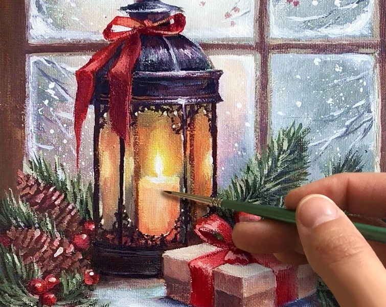 Новогодний фонарь на окне. Как нарисовать натюрморт🎨АКРИЛ! Мастер-класс в реальном времени