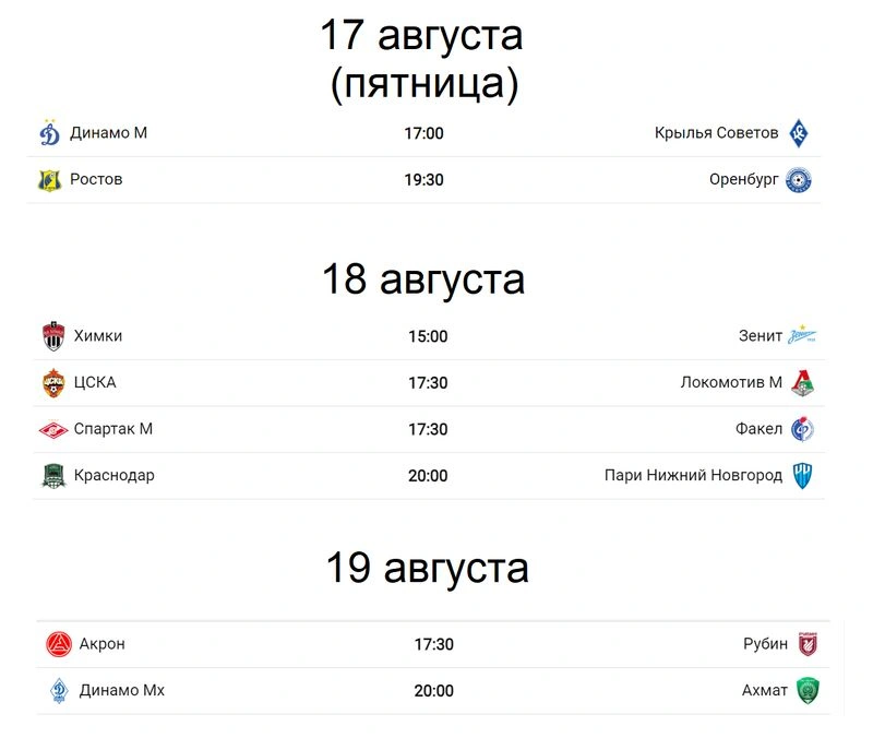 Расписание 5 тура РПЛ