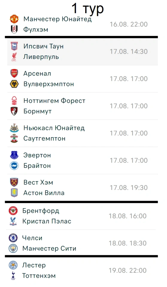 Расписание 1 тура чемпионата Англии по футболу.