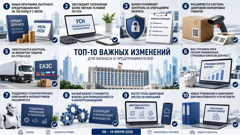 Деловой пульс. Обзор от Сергея Мамченко (выпуск #2). ТОП-10 изменений для малого и среднего бизнеса: 08–14 июня 2026 г.