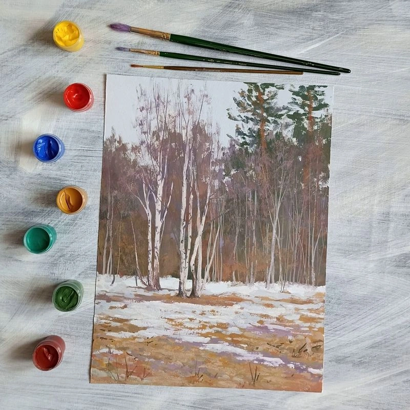 Весенний пейзаж с березами на поляне. Урок по рисованию гуашью