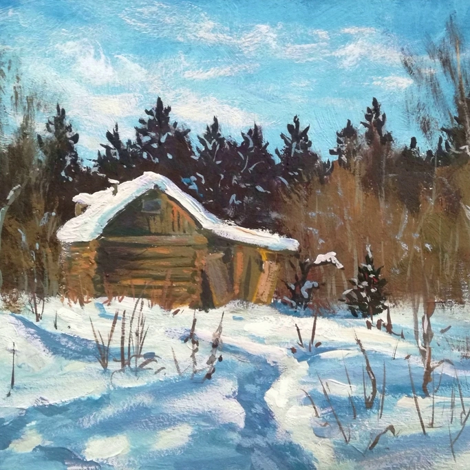 Солнечный зимний пейзаж. Рисуем гуашью