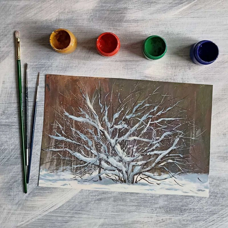 Заснеженное дерево. Урок по рисованию гуашью