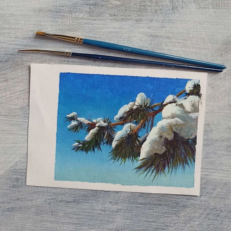 Ветки сосны под снегом. Урок по живописи маслом