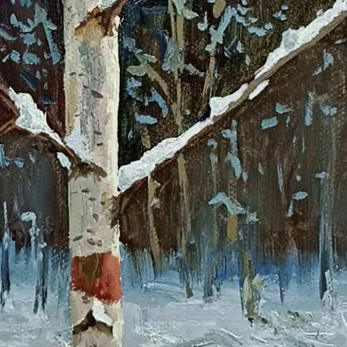 Снег на ветках березы. Урок по живописи маслом