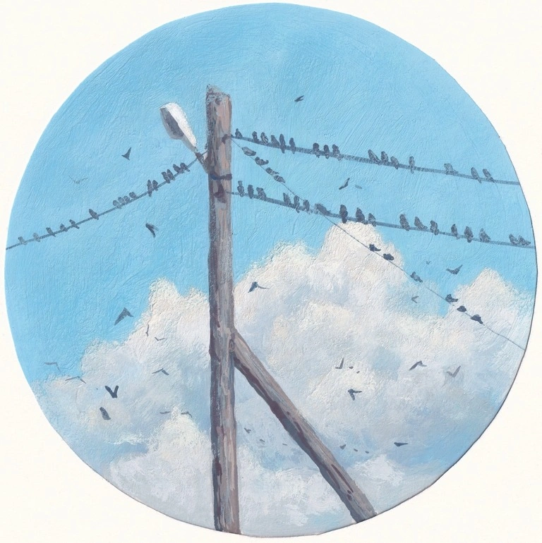 Птицы на проводах. Круглый формат. Урок по рисованию гуашью