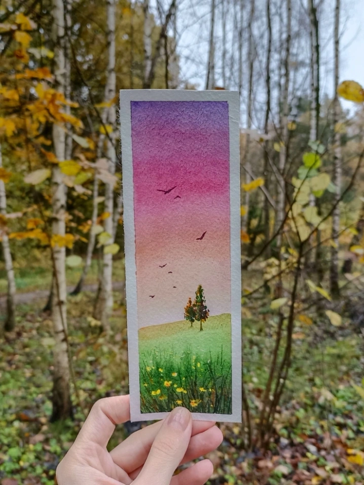 Горный пейзаж с ярким небом. Урок по рисованию акварелью