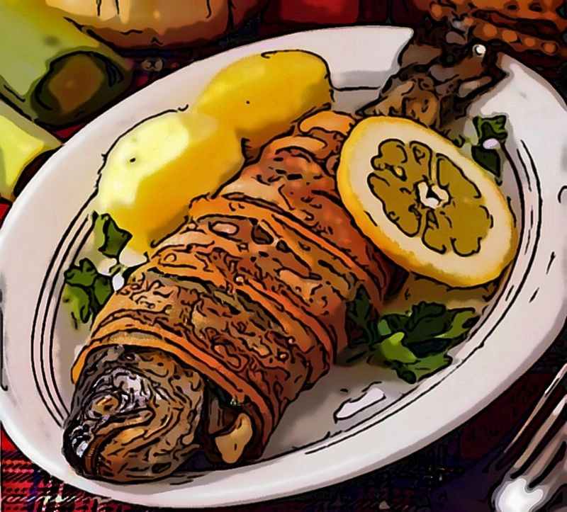 Форель с луком-пореем и беконом по-валлийски