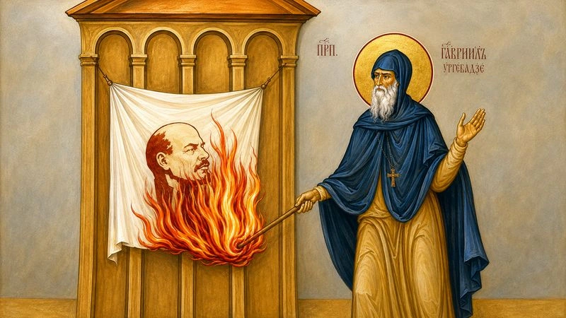 Старец Гавриил Ургебадзе поджёг огромный портрет Ленина. Бандиты испугались его и сложили оружие