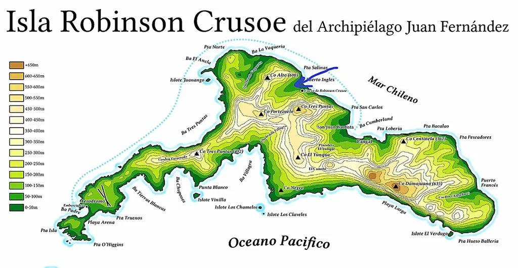 Остров Робинзона Крузо (современное название). Синим маркером я отметила
место, где жил Александр Селькирк. Фото для отметки взято из открытого
доступа