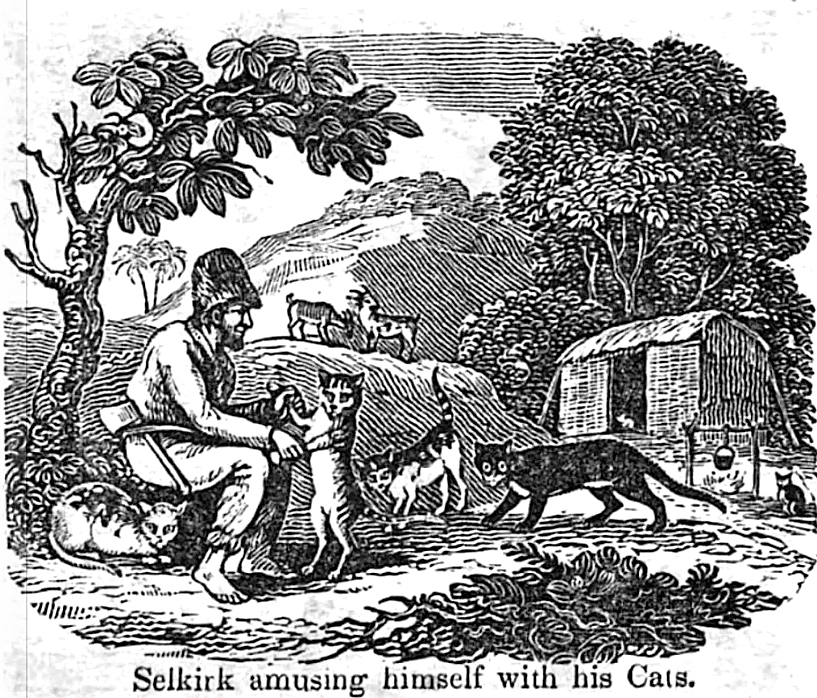 Подпись к иллюстрации: "Селькирк развлекается с котами". Фото из книги
неизвестного автора "Жизнь и приключения Александра Селкирка, настоящего
Робинзона Крузо" (1835)