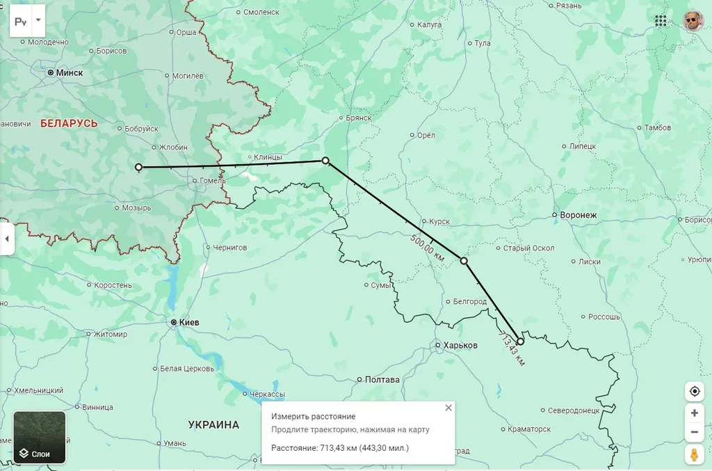 Вероятный маршрут поставок по кратчайшему пути через Брянск, Курс и Белгород