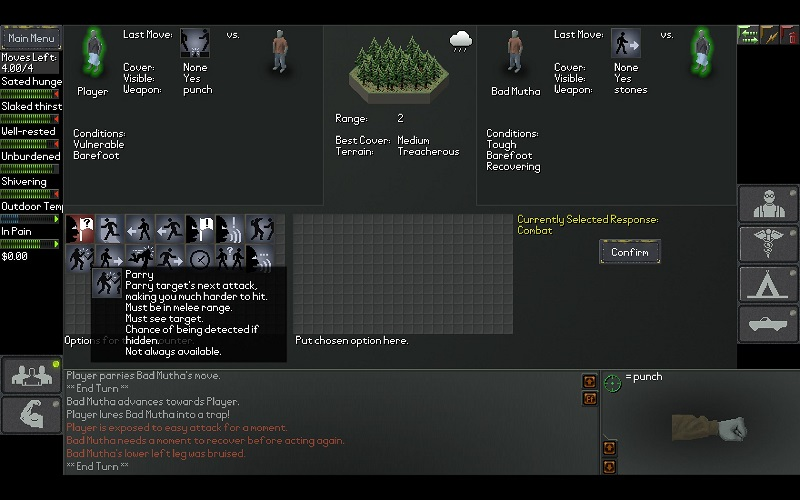 Невероятное богатство возможностей. Впрочем, сейчас оно нам не поможет. Скриншот сделан чисто для иллюстрации; связываться с bad mutha безоружным, да еще и не взяв себе навык melee -- чистейшее самоубийство.