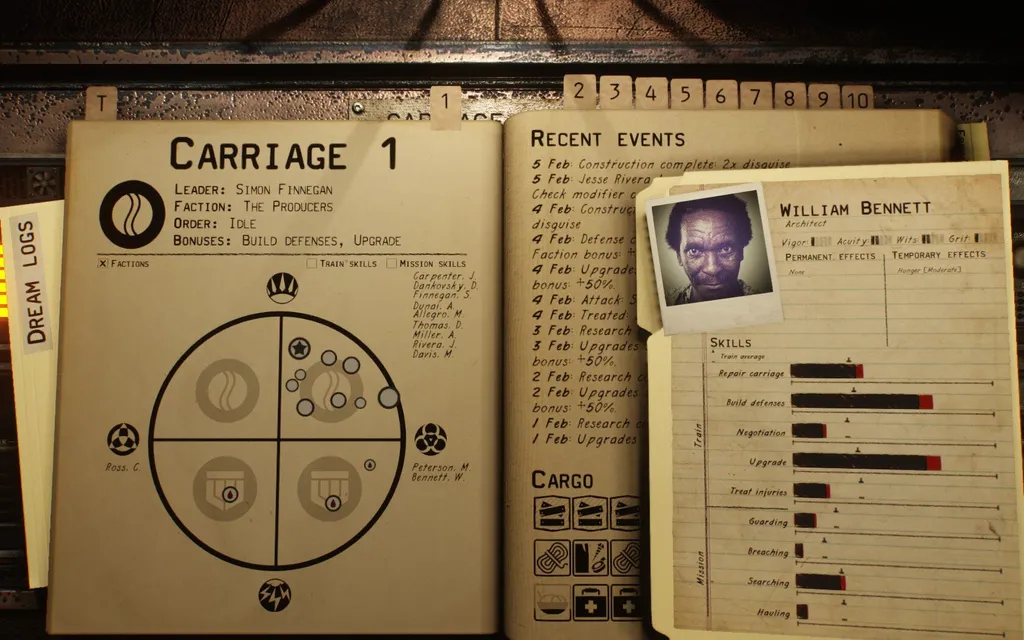 Уильям Беннет склонен считать, что катастрофа была техногенной и мы сами себя наказали за свою гордыню. Он в сильном меньшинстве; другие считают, что это не столько наказание, сколько возможность стать лучше. Но зато он предан мне душой и телом. Остальные ещё не определились. Плюс он хорошо умеет строить всякое оборонительное и делать глобальные апгрейды всего поезда. Ну, архитектор. Жаль, что его ранило.