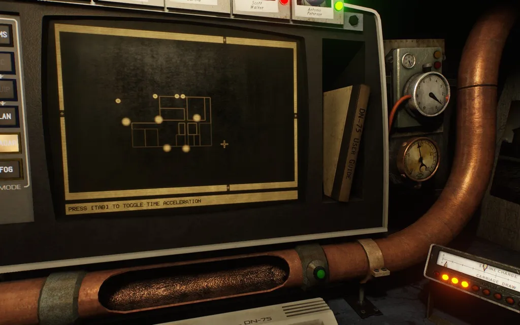 Вылазка началась. Она происходит вроде бы в реальном времени, но никаких приказов отдавать уже нельзя, можно только смотреть за происходящим. «Дырявые» кружки — это выжившие, которых лучше бы спасти. А жёлтые лампочки справа-снизу — оставшийся заряд аккумуляторов. Должно хватить.