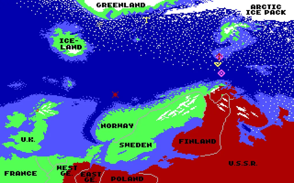 'Стратегический' режим. В те годы далеко не только Том Клэнси считал, что в будущей войне главной задачей советского ВМФ станет прорыв в Атлантику через 'GIUK gap' – рубеж 'Гренландия – Исландия – Соединённое Королевство'. Туда-то вашу подлодку и посылают, с базы Холи-Лох, что в Шотландии. Сейчас перед нами две советские корабельные группы и надо угадать, какую из них нам приказали перехватить. Самый неприятный момент в игре, между прочим.
