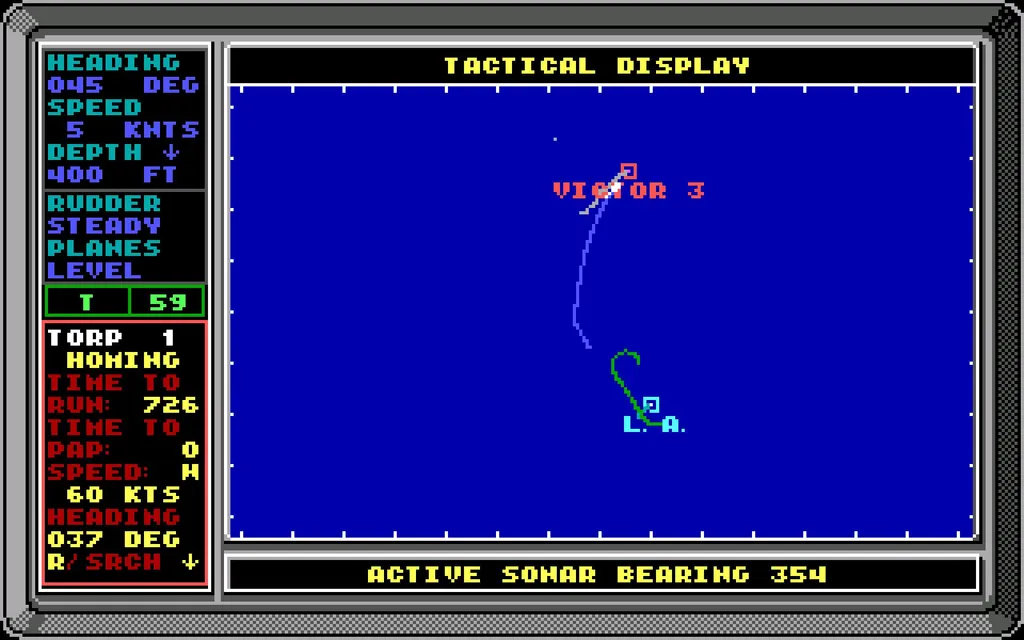 Вот примерно из этого вся игра и состоит. Остальные скриншоты относятся к особым ситуациям, возникающим относительно редко. Красот не будет. Ледяная вода, холодная сталь и командирский дисплей. Это всё. И то только в вашем воображении. И ещё. VICTOR 3 – это ПЛА проекта 671РТМ. А L. A. – это 'Лос-Анджелес'. А вовсе не 'Ламтюгов Андрей', как предполагали некоторые тридцать лет назад.