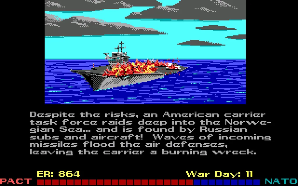 Ход кампании RSR перемежается вот такими кат-сценами. Это действительно анимированная кат-сцена - из-за горизонта прилетает тяжёлая ПКР, вероятно, П-700, бабах, и языки пламени шевелятся.