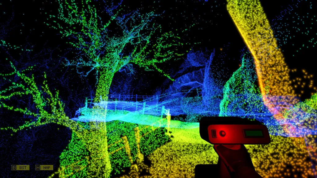 А вот мы преодолели пещеру и вышли наружу. Наверное, при обычном графическом решении эти деревья выглядели бы страшновато. А так — всё замечательно.