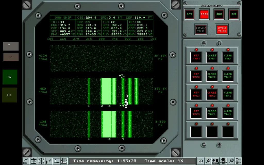 Обратите внимание на дикую мешанину контактов в районе нуля — здесь это нормально. Забавная особенность: в высокочастотной части спектра корабли и подлодки не шумят, так что на верхний экран попадают только торпеды. Буксируемая антенна изображена 'жёстко': она не может изогнуться, провиснуть или поволочиться по дну. Кажется.