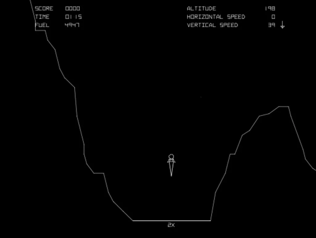 Картинка автомата Atari. Здесь впервые появилась новая фича: при приближении к площадке игра давала крупный план, чтоб садиться было удобней.