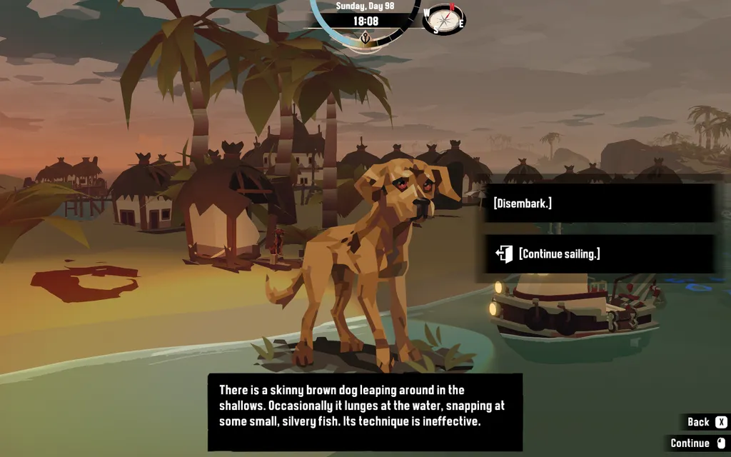 Чтобы получать побочные квесты, достаточно осматривать острова, мимо которых проплываешь – не стоит ли кто на берегу? Именно таким ненавязчивым образом открывается вторая концовка игры. Да, и не думайте, что на скриншоте гигантская собака-монстр. Просто такой крупный план NPC.