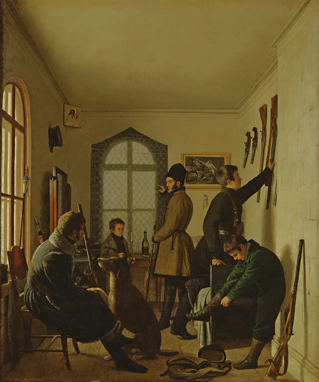Е. Ф. Крендовский. "Сборы на охоту" (1836). Государственная Третьяковская галерея.
