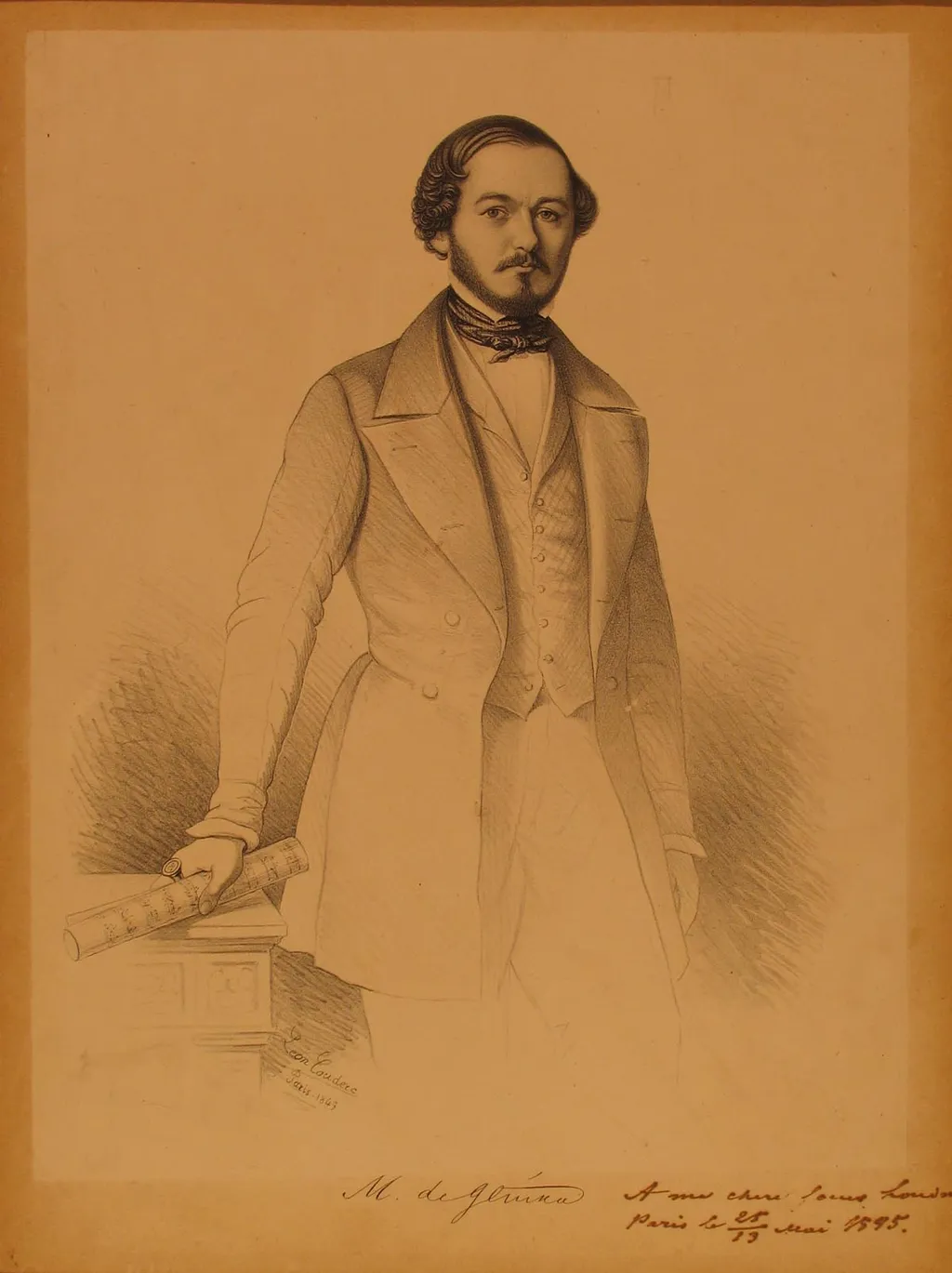 Портрет М. И. Глинки. Гравюра работы В. В. Матэ по дагерротипу 1845 года с надписью сестре композитора.