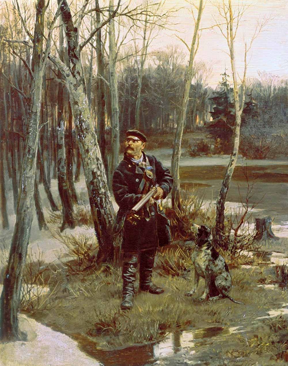 Охоту Прянишников сам любил, и у него есть несколько картин на тему. Тут — «На тяге»