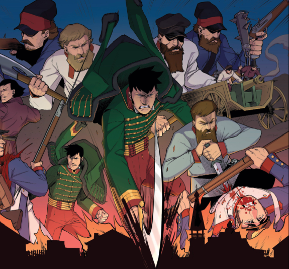 Минутка любования. Это из комикса "Долохов" по моему сценарию; прототип главного героя - Фигнер. Сам он по центру - во французской униформе.