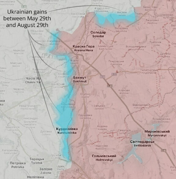Карта успехов Украины на флангах Бахмута и возле Соледара (карта Натана Русера, на основе данных DeepState, авторитетного украинского источника OSINT)