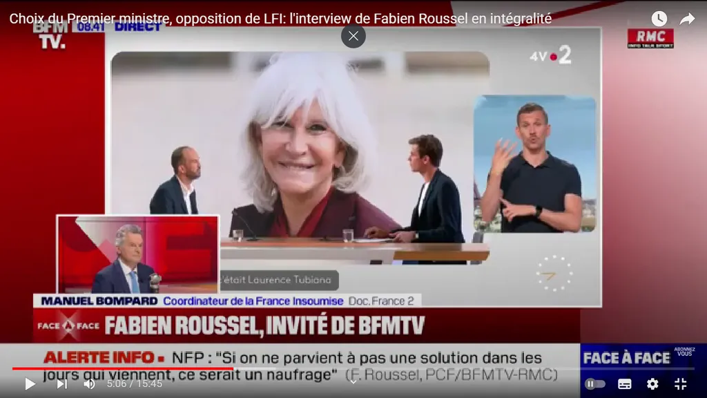 Манюэль Бомпар, координатор "Непокоренной Франции" обвиняет в макроносовместмости Лоранс Тюбиану в эфире France2 Скриншот с сайта RMC в YouTube.